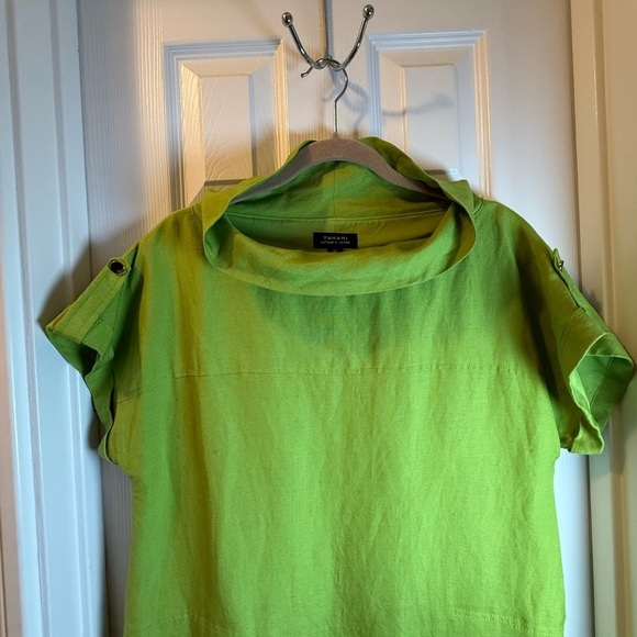 Tahari Avocado Green Sheath Mini Dress Tunic Short Sleeve Pockets Linen Artsy - Picture 5 of 16